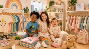 Three smiling children sitting in a trendy boutique featuring colorful organic cotton kids' clothing and accessories.