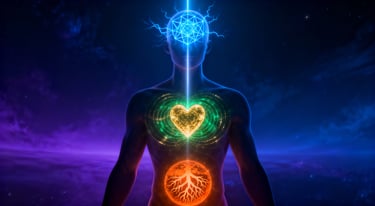 "Human energy alignment showing sacred geometry mind, heart field and root energy."