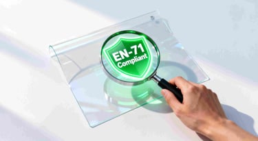 A magnifying glass over PVC material reveals "EN-71 Compliant" text, symbolizing foresight.