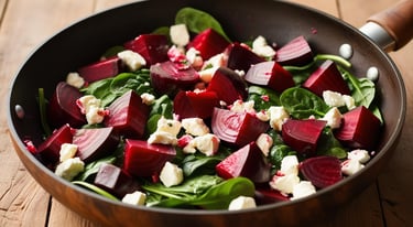 beetroot feta, a pan of food with a wooden spoon and a wooden spoon