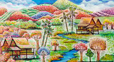 Malaysian naive painter Ali Akbar Othman. Paintings are mainly of the olden days landscape depicting traditional houses.
