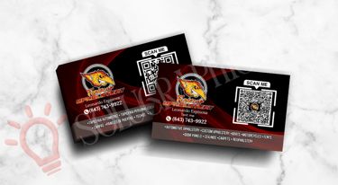 Tarjetas negras y rojas de tapicería, dos lados, logo y códigos QR.