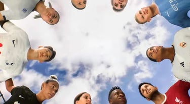 dei calciatori che guardano in basso con il cielo sopra di loro pieno di nuvole