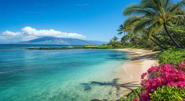 Lush Tropical Beach View With Vibrant Flowers and Clear Blue Waters in Hawaii Under Sunny Skies
