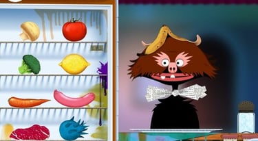 a cartoonish looking refrigerator with a cartoonish face