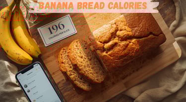 Homemade banana bread loaf sliced on a wooden board with overripe bananas and a calorie tracking app