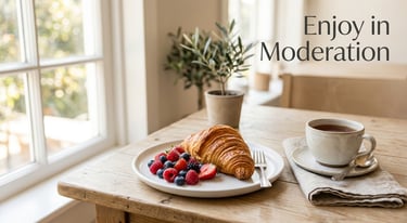 Croissant served with fresh fruits and tea representing balanced eating and moderation in puff pastr