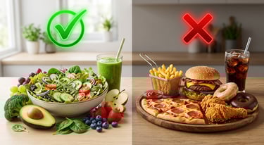 Healthy vs junk food comparison with green check and red cross for calorie calculator and diet plann