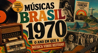 Pôster vintage da música brasileira dos anos 70 com um rádio retrô, discos de vinil e artistas da MP