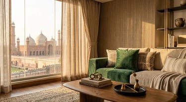 Home decor textures with cushions, rugs, and wooden interior design details