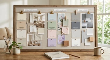Home interior color palette with neutral and pastel shades for modern decoration.
