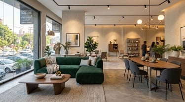 Modern furniture showroom with stylish sofa and wooden interior decor setup.