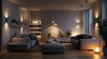 Cozy living room with warm lighting and modern interior LED design setup