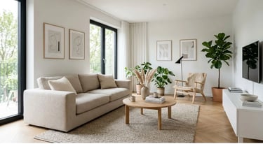 Modern minimalist living room with white walls, beige sofa, and natural lighting