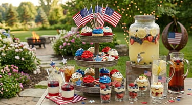 Patriotic 4th of July desserts and drinks decorated in red, white, and blue colors.