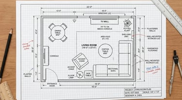Living room layout planning with furniture arrangement and interior design blueprint.