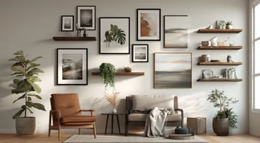 Stylish wall decoration with photo frames and modern interior art design