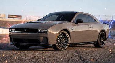 Stylized 2026 Scat Pack Dodge Charger illustration for the Alex Jones Store vehicle giveaway overview