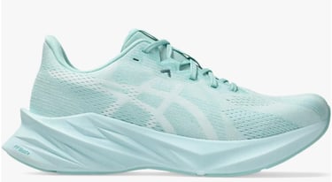 A high-quality editorial shot of the Asics Novablast 5 in the off-white / gray breeze colorway, 