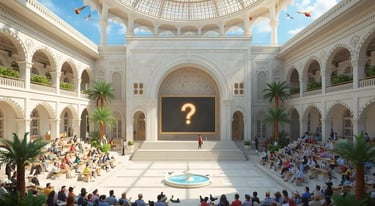 Bright Islamic university hall with fountain, plants, birds and question marks board