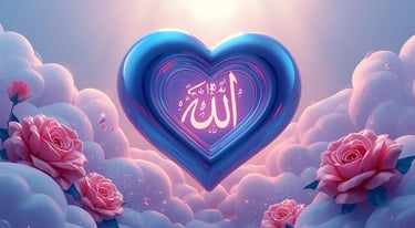 Glowing heart with Allah in Arabic calligraphy floating in the sky above a paradise garden with flower