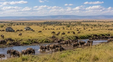 Wildebeest crossing river in savanna Africa