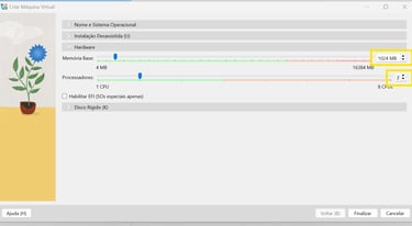 Configurando a alocação de 1 GB de memória RAM e 2 núcleos de CPU para a máquina virtual do OPNsense