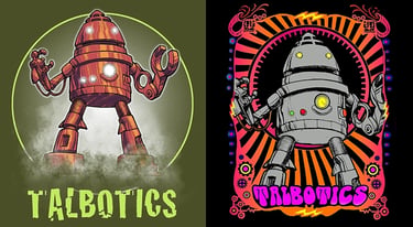The two options of robot graphics that appear on Talbotics t-shirts.