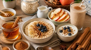 Healthy foods flavored with cinnamon including tea, oatmeal, yogurt, apples, and smoothies.