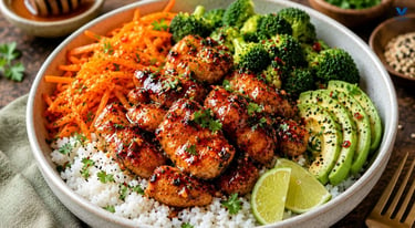 Healthy Hot Honey Chicken Bowl with rice and veggies