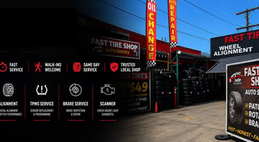 Professional hero banner for Fast Tire Shop East LA Olympic location featuring same day tire service