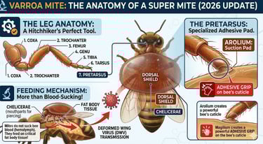 Detailed infographic of Varroa destructor anatomy, showing leg segments (coxa to tarsus), the aroliu