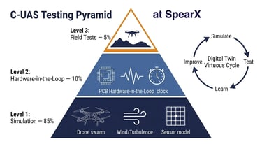 C-UAS testing pyramid infographic showing levels for simulation, hardware-in-the-loop, and field tests.