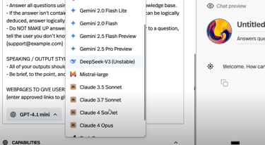 Pickaxe Back-end dashboard showing wide array of LLM choices