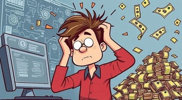 A cartoon showing someone pulling their hair out while looking at complex software, or piles of mone