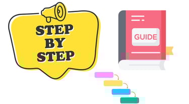 An image with a text step-by step and a book with Guide on it