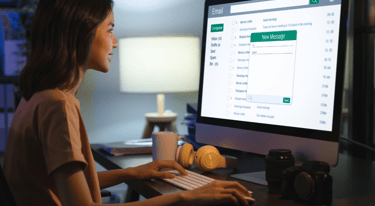 a woman sitting on her desk with a desktop computer reading an email automation to boost her sales