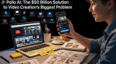 Content creator at desk with smartphone showing Pollo AI; laptop displays social media, AI icons flo