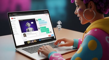 A colorful human chatting with a chatbot on a YouTube channel displayed on a laptop.
