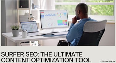 a man sitting at a desk with a laptop and a computer with Surfer SEO analysis on the screen