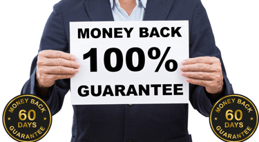 a man holding a sign that says money back 100% guarantee and 60 days money back guarantee
