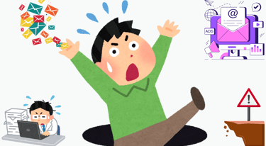 Image of a man falling into a pit with email icons and a warning sign