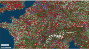 Photo aérienne de l'Europe de l'Ouest avec représentation du réseau routier principal