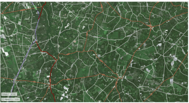 Photo aérienne du sud-ouest de la France avec représentation des routes bitumées