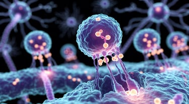 Microscopic 3D rendering of blue cells with nerve fibers and synapses representing neural network communication.