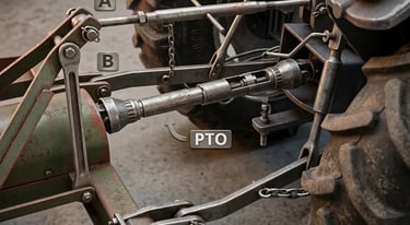 Parts of a 3-point hitch (A. Upper Link B,C. Draft Arms D. Anti-sway bar or chain E. Lift Arm F. Lift Rod)