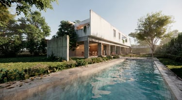Casa moderna, minimalista y contemporánea, vista desde la pileta, el patio y la integración con la galería. 