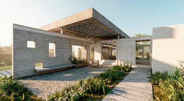 vista de facha principal de hormigón armado con gran techo de hormigon visto en casa moderna y contemporánea. 