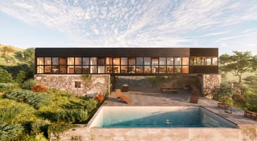 Vista exterior de pileta, galería, quincho y casa moderna. Casa integrada a la naturaleza. Arquitectura con sentido. 