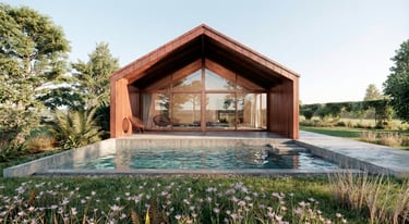 Vista desde pileta hacia casa con grandes ventanales y galería integrada. arquitectura con sentido. 